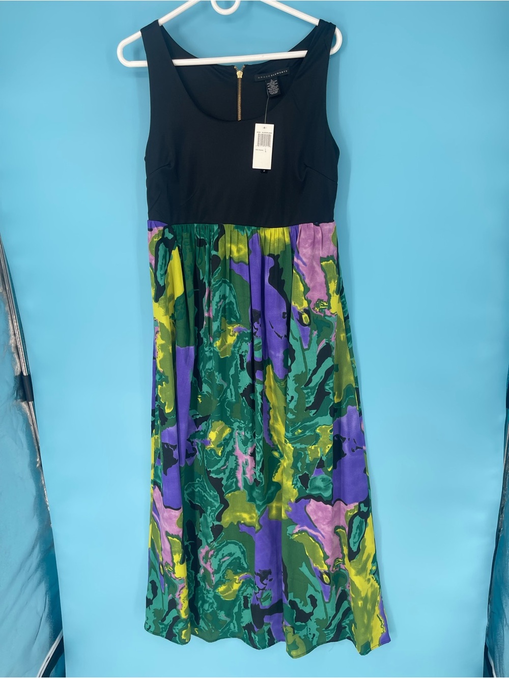 Grace Elements‎ Black Bodice Maxi Dress with Multicolor Abstract Skirt